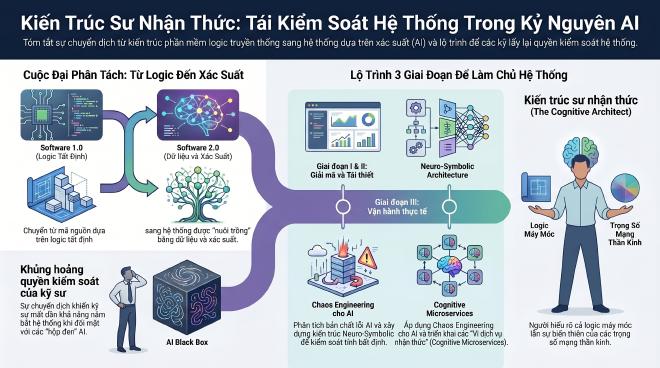 Mọi thứ đã thay đổi. Chúng ta đã chuyển từ mã lập trình mang tính xác định sang trọng số xác suất—và các kiến ​​trúc sư đang mất dần quyền kiểm soát. Loạt bài này là một hành trình nghiêm túc đi sâu vào các Nguyên tắc cơ bản của hệ thống nhận thức, được xây dựng để giúp bạn lấy lại quyền chủ động trong Kỷ nguyên Trí tuệ Nhân tạo.