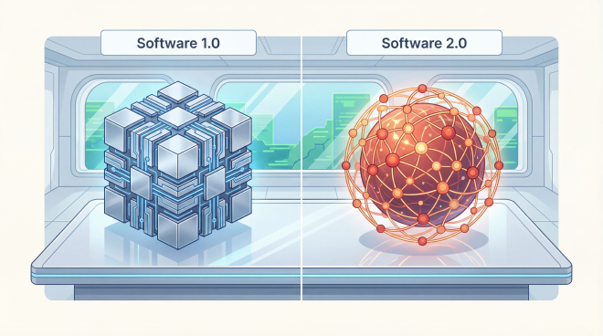 A clear, side-by-side comparison of two futuristic technological processing cores resting on a clean, bright minimalist table in a serene laboratory. On the left side, the &ldquo;Software 1.0&rdquo; core: made of perfectly orderly, interlocking cool silver metallic blocks and straight, predictable, rigid circuit pathways. On the right side, the &ldquo;Software 2.0&rdquo; core: a beautiful, harmonious, glowing spherical network of interconnected warm cinnabar red data nodes, resembling a flexible digital constellation. Modern anime background art style, highly detailed vector aesthetic, clean line art, flat colors, cel shading, bright and relaxing atmosphere, purely informative and easy to understand, pure off-white background. No people, no text, no chaotic elements, uncluttered.
