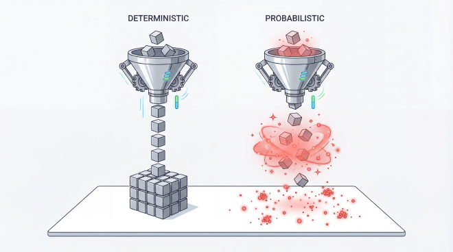 A clear, side-by-side technical illustration of two mechanical input-output systems on a pristine minimalist white table. Left side “Deterministic”: A titanium silver funnel perfectly dropping solid silver cubes into a neat, straight line. Right side “Probabilistic”: A titanium silver funnel dropping solid silver cubes, but they transform into a glowing, swirling cloud of cinnabar red data particles before landing in a scattered, unpredictable pattern. Modern anime vector art style, clean line art, flat colors, cel shading, bright and relaxing atmosphere, purely informative conceptual diagram, pure off-white background.