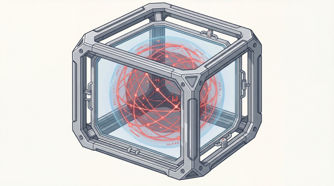A clear technical illustration of a futuristic containment architecture. A highly structured, geometric cage made of thick, perfectly straight titanium silver bars. Securely contained inside the transparent cage is a vibrant, shifting, glowing sphere of interconnected cinnabar red data nodes (representing unpredictable AI weights). The silver cage is stable, orderly, and unyielding, effectively controlling the chaotic red energy inside. Modern anime background art style, highly detailed vector aesthetic, clean line art, flat colors, cel shading, bright, informative and easy to understand, pure off-white background.