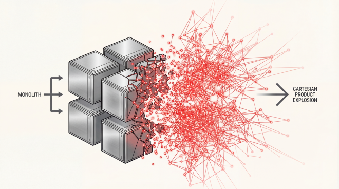 A technical conceptual illustration of the Cartesian Product explosion. On the left, a few solid silver cubes representing a Monolith. On the right, those cubes shatter into a vast, expanding galaxy of interconnected glowing cinnabar red points, forming a complex 3D web that fades into a white infinite background. Modern anime vector art style, clean line art, flat colors, cel shading, minimalist professional technical concept, high contrast, pure off-white background.