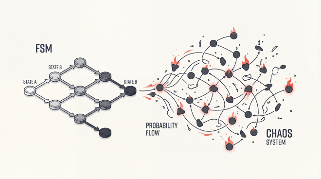 Abstract isometric representation of an FSM transitioning into a chaotic probabilistic system, clean line art, modern anime style, flat color, cel shading, minimalist, high contrast, pure titanium silver and dark graphite color palette, subtle academic cinnabar fire accents highlighting the chaotic nodes, professional technical aesthetic, pure off-white background, 4k, vector style.