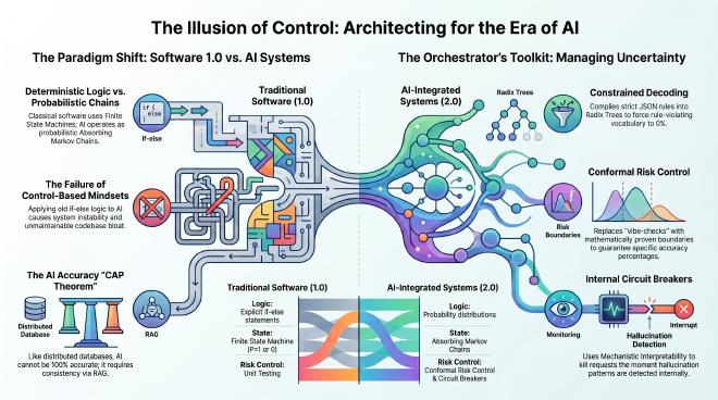 Traditional system architectures struggle to integrate LLMs effectively. This post explores the shift from deterministic programming (FSM) to probability distributions, and introduces practical architectural solutions like Constrained Decoding, Conformal Risk Control, and Mechanistic Interpretability to manage uncertainty.