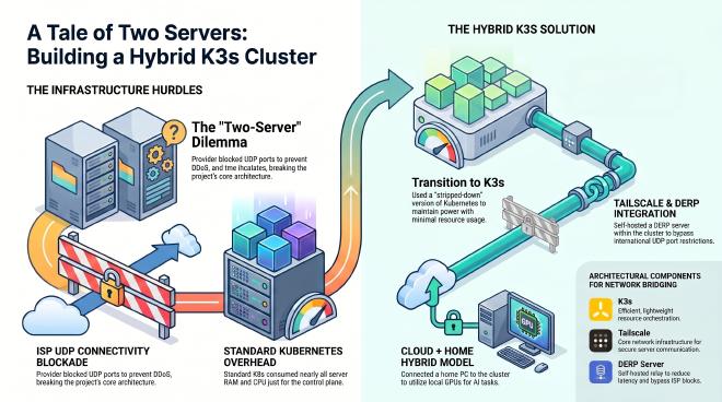The journey of building a K3s Hybrid Cloud cluster, starting from an unexpectedly amusing network incident. A practical guide to K3s from scratch for those who &lsquo;accidentally&rsquo; end up with 2 servers.
