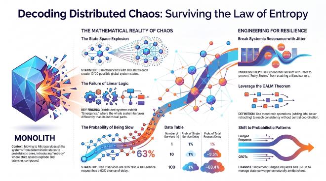 When a monolith breaks into microservices, state space explodes exponentially, tail latency becomes a certainty, and retry storms can collapse the entire system. This paper decodes the mathematics of distributed chaos—and shows how the CALM Theorem and CRDTs let us orchestrate entropy instead of fighting it.