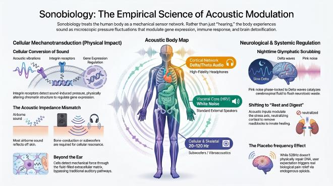 A biophysical breakdown of how low-frequency acoustic waves modulate the neuroendocrine network and catalyze brain clearance via the glymphatic system.