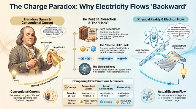 The electron, responsible for electrical current, carries a negative (-) charge due to a labeling error by Benjamin Franklin in the 18th century, rather than physical necessity.