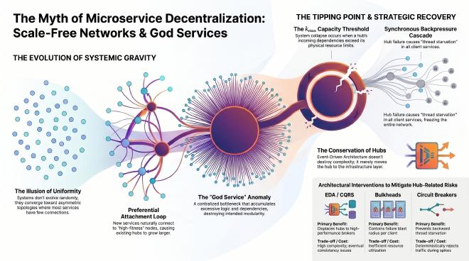 An analysis of how continuous growth and preferential attachment inevitably lead to the formation of scale-free networks and hidden hubs in microservice architectures.