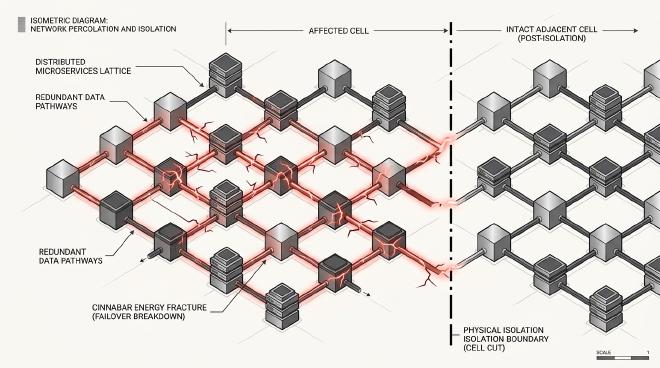 Adding redundancy feels like building safety margins, but it often paves highways for cascading failures when load redistributes. This paper explains cascading outages through percolation theory, and why pruning links with cell-based architectures is the only structural way out.