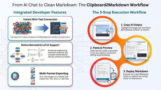 An automated tool designed to convert text copied from AI interfaces into clean Markdown, successfully maintaining tables and code blocks.