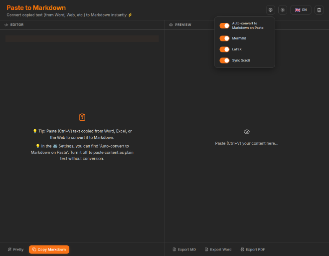 Paste to Markdown Tool with settings