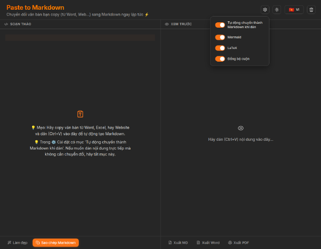 Công cụ Paste to Markdown với cài đặt